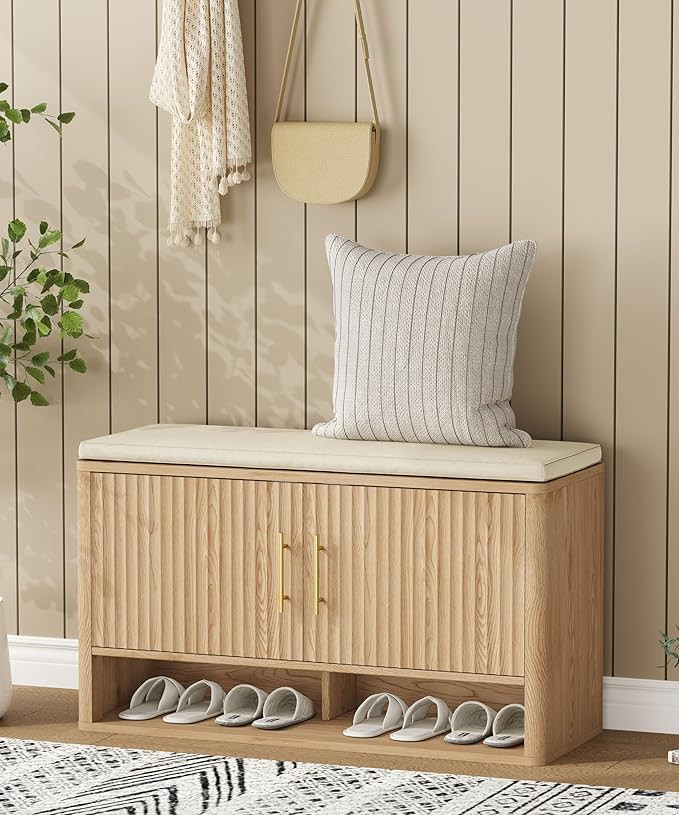 Fluted Shoe Storage Bench with Cushion, 3-Tier Entryway Bench with Adjustable Shelves and Open Bo... | Amazon (US)