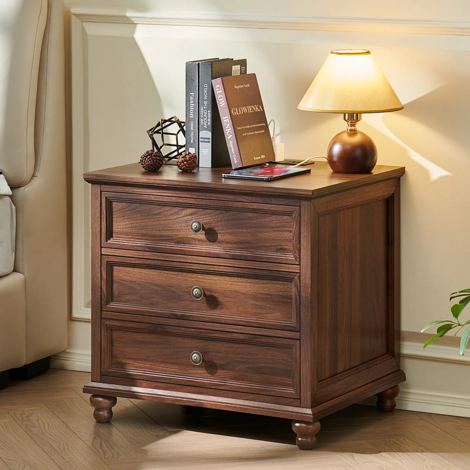 Farmhouse Nightstand With Charging Station, 24" Wide End Table With 3 Drawers,Wood Dresser Cabinet For Bedroom, Bed Side Table Chest Of Drawers,Night | Wayfair North America
