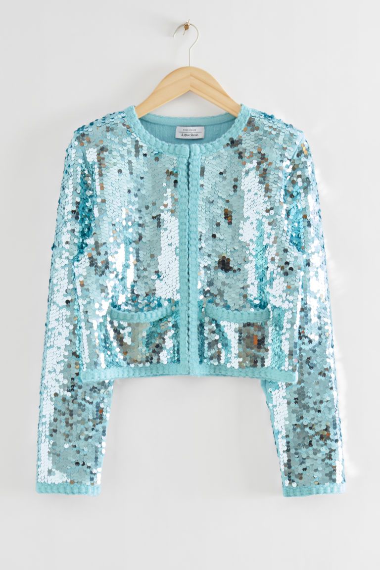 H & M - Knitted Sequin Embellished Jacket - Turquoise | H&M (UK, MY, IN, SG, PH, TW, HK)