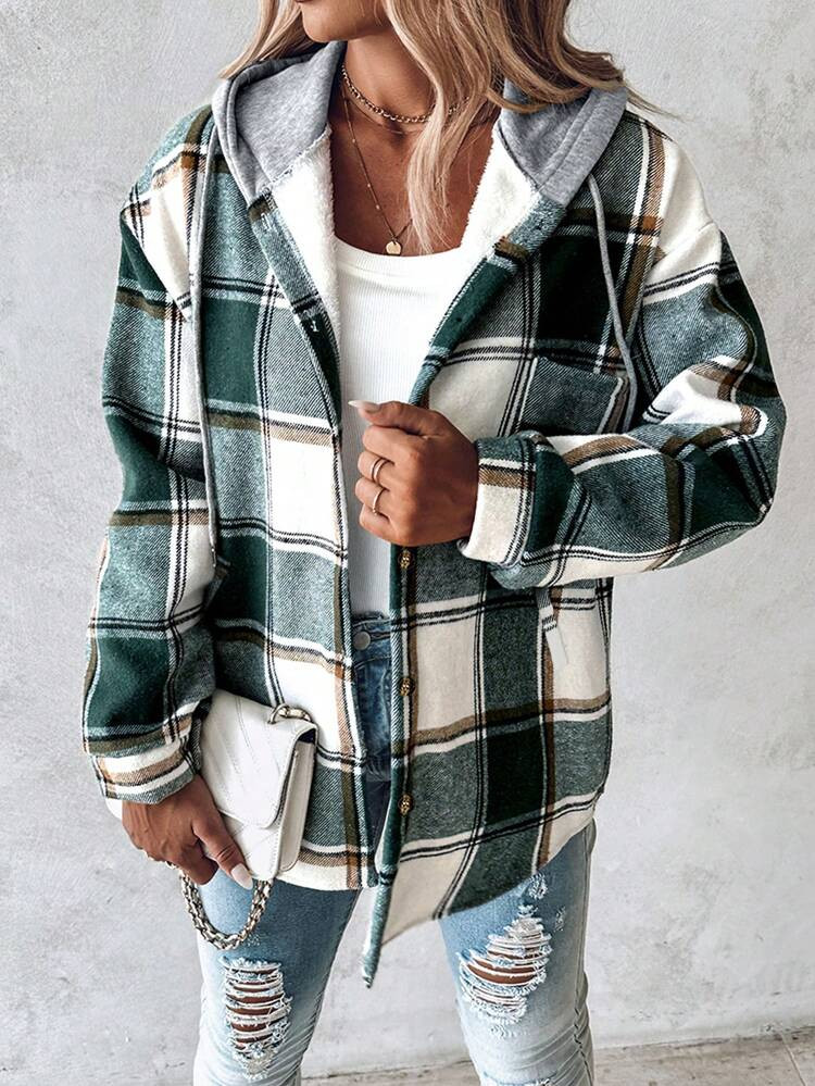 Plaid Print Buttoned Hooded Shacket | SHEIN