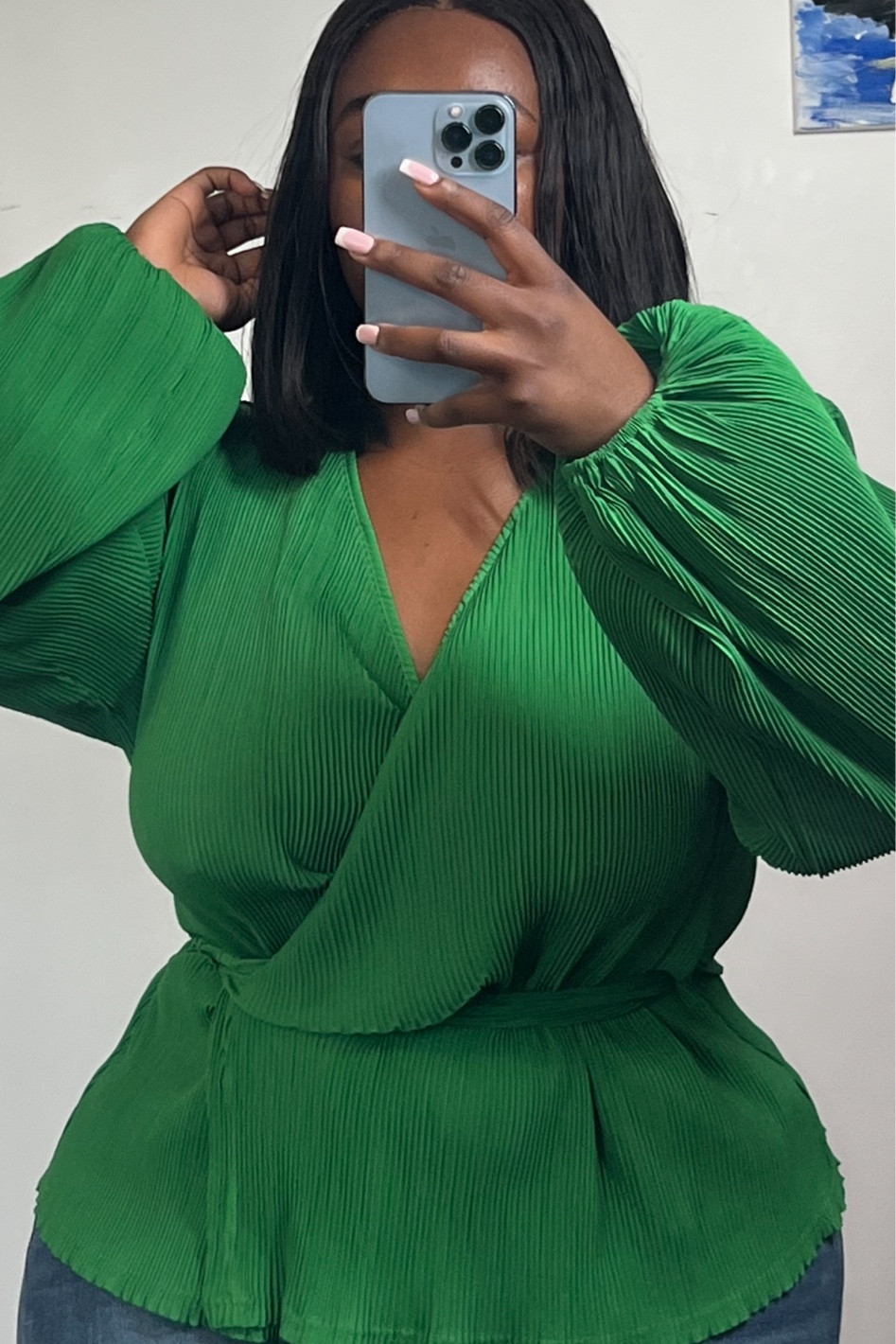 This blouse is sure to earn some serious style points. Featuring a green plisse material with shoulder pads and a wrap design. Team with the matching bottoms and mules for a catch up with the dolls.

#LTKsalealert #LTKFind #LTKcurves