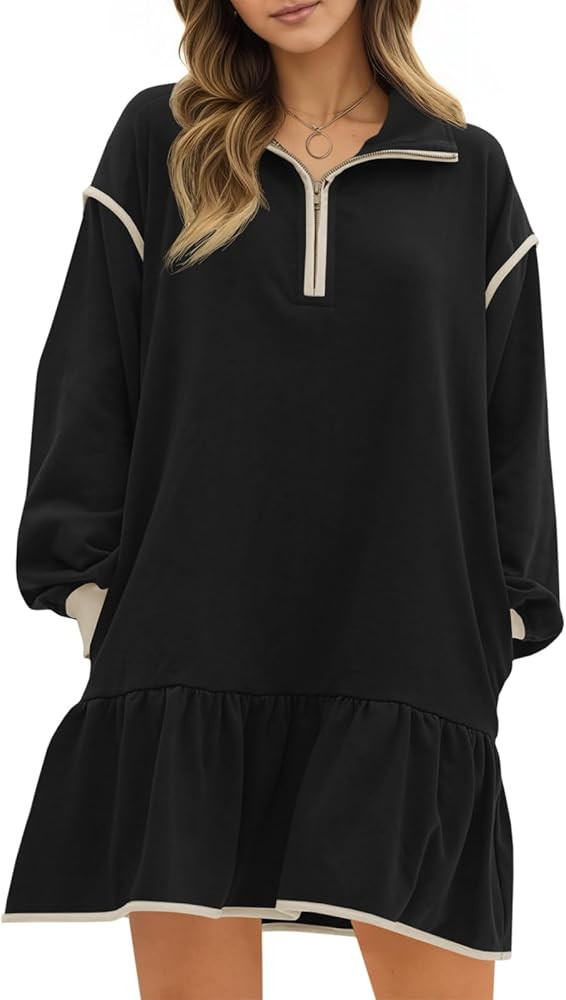 Wenrine Womens 2025 Fall Oversized Sweatshirt Dress Casual Long Sleeve Quarter Zip Ruffle Hem Pul... | Amazon (US)