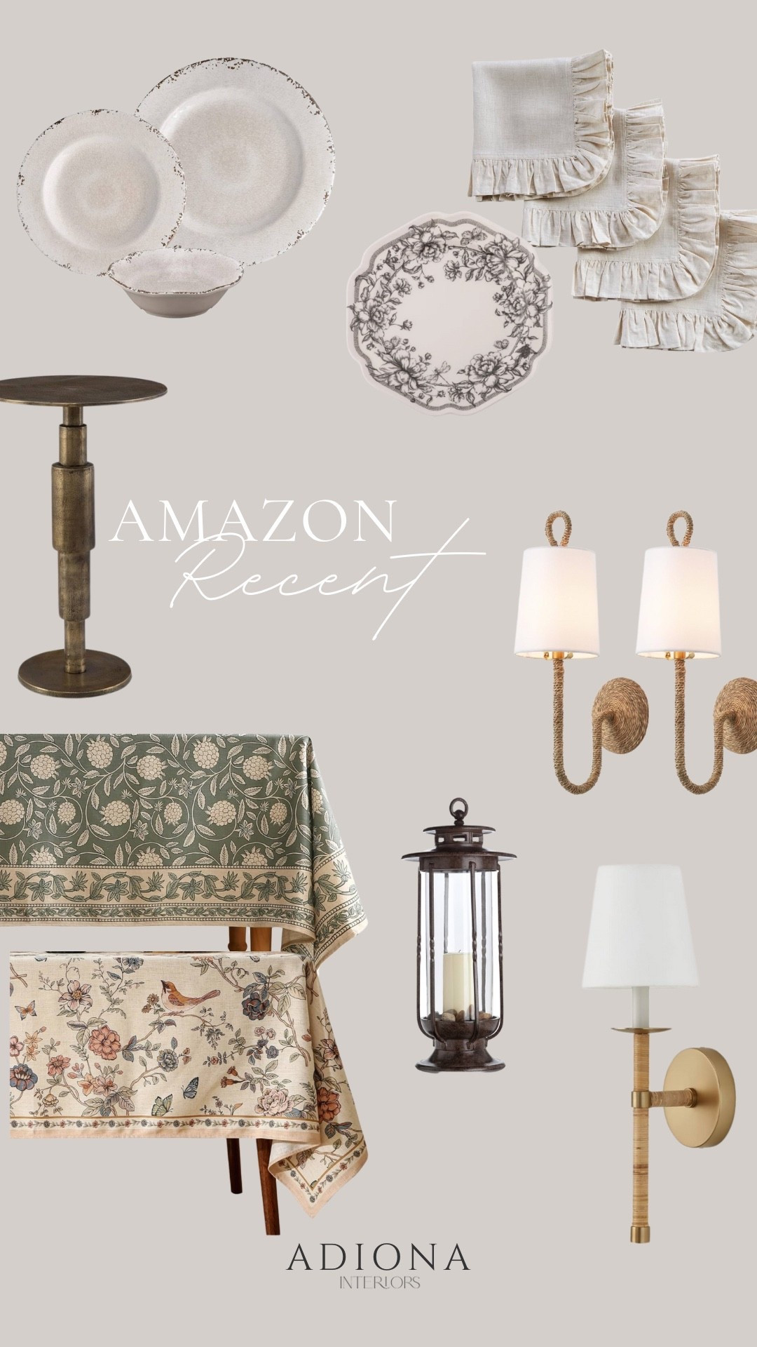 Amazon recent finds 

Table cloth, lantern, plates, dinner napkins, side table, sconce, Amazon home 

#LTKSaleAlert #LTKHome #LTKSeasonal