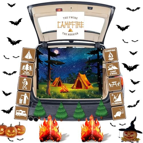 Frienda 18 Pcs Halloween Trunk or Treat Car Decorations Camping Trunk or Treat Kit for SUV Camping Backdrop Cutouts Cardboard Campfire Centerpiece Halloween Decor for Garage Door Entryway Party Decor | Amazon (US)