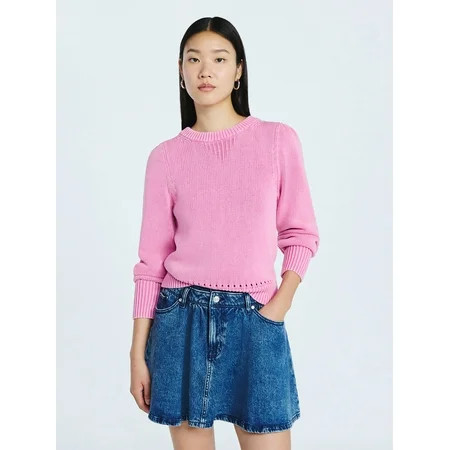 Scoop Women’s Acid Wash Cotton Sweater with Long Puff Sleeves, Midweight, Sizes XS-XXL | Walmart (US)