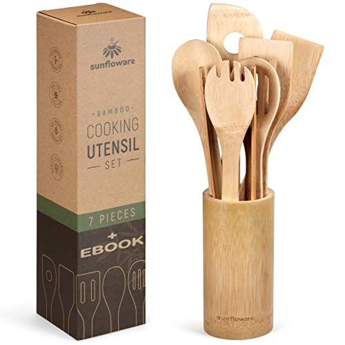 Wooden Bamboo Cooking Utensils Set - 8pcs Wood Kitchen Utensil Set with Holder - Wooden Spoons for C | Amazon (US)