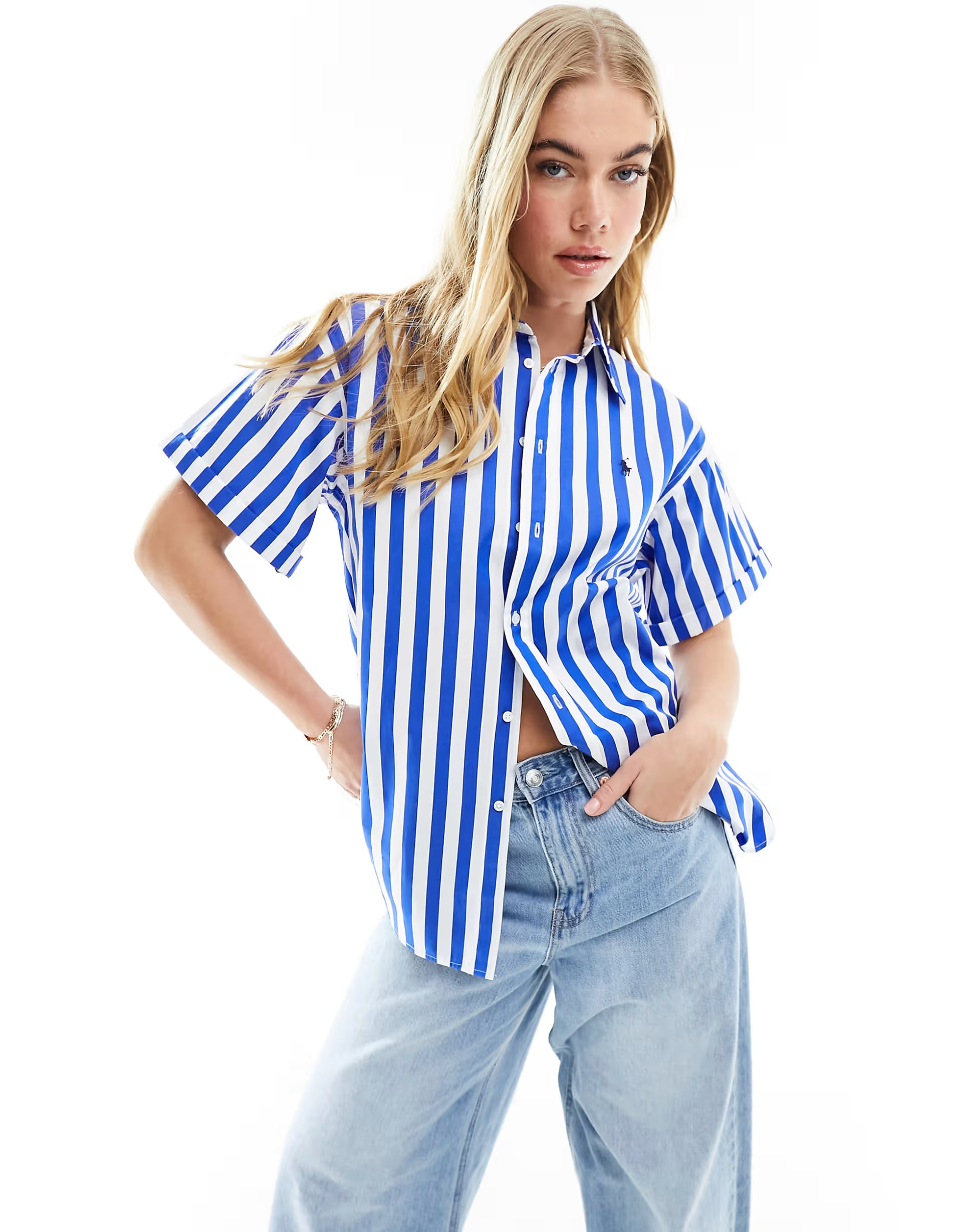 Polo Ralph Lauren short sleeve shirt with logo in blue stripe | ASOS (Global)