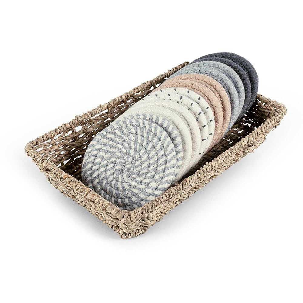 Boho Coasters for Drinks with Seagrass Basket Holder Set,12 Pcs Handmade Woven Absorbent Insulati... | Amazon (US)