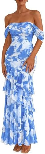 PRETTYGARDEN Women's Formal Cocktail Maxi Dresses 2026 Summer Off Shoulder Floral Mesh Bodycon Sp... | Amazon (US)