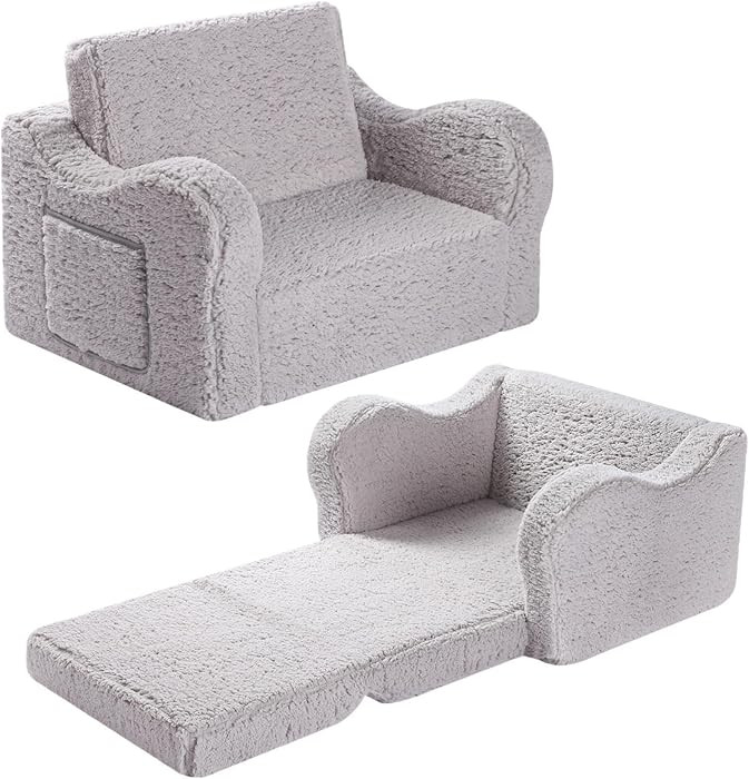 Kids Sofa, 2-in-1 Flip-Out Foam Couch with Soft Sherpa Cover, Cozy Play Lounge Chair, Grey | Amazon (US)