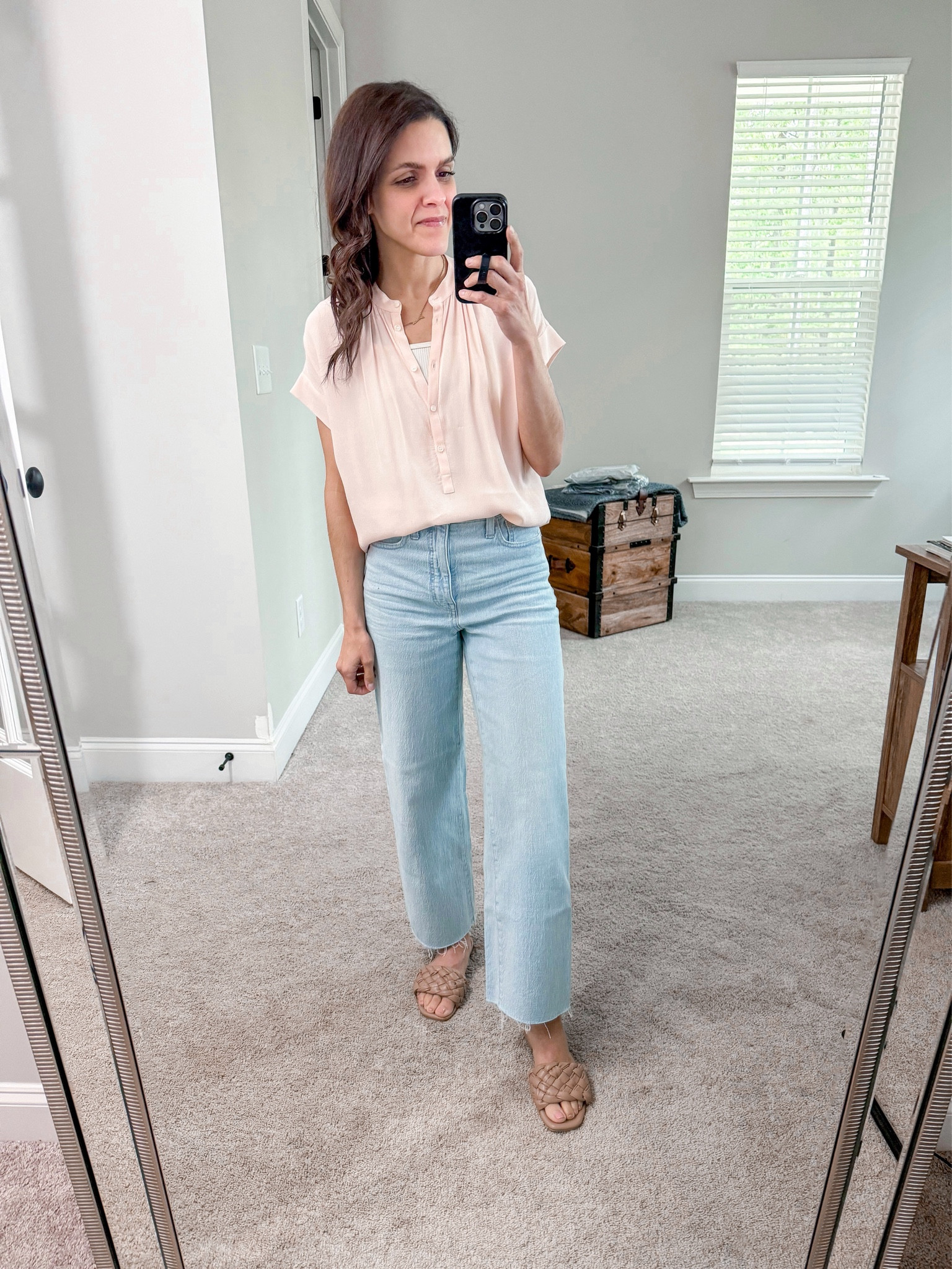 #ootd | button blouse, wide leg crop Jean, slide sandals, name necklace