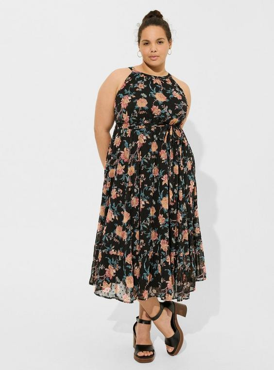 Tea Length Clip Dot Hi Neck Tiered Dress | Torrid (US & Canada)