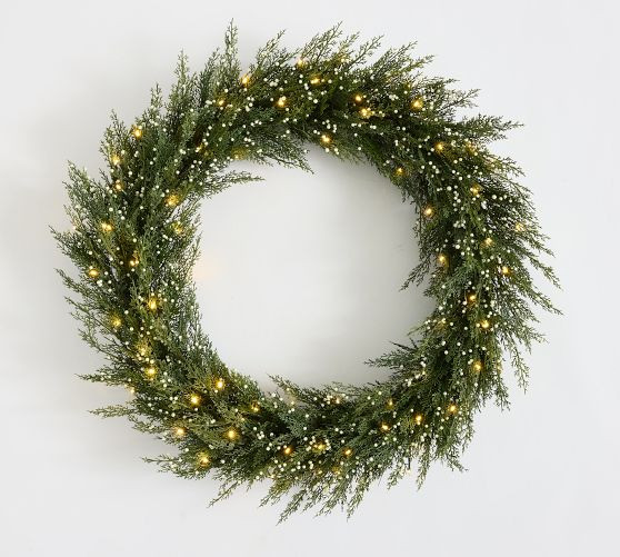 Faux Lit Cedar Berry Pine Wreath & Garland | Pottery Barn (US)