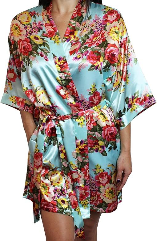Women's Floral Satin Kimono Short Bridesmaid Robe with Pockets - Silky Touch | Amazon (US)