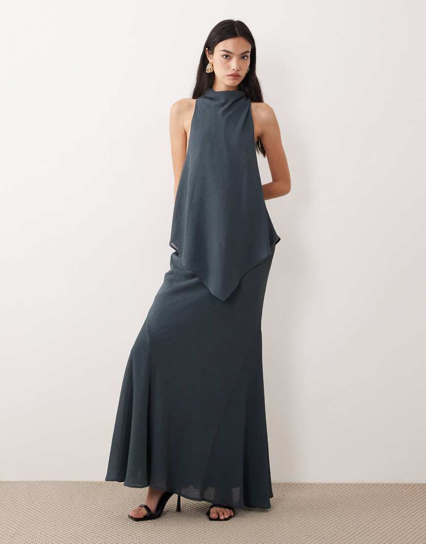 ASOS DESIGN chiffon high neck double layer maxi dress in charcoal gray | ASOS (Global)