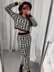 Houndstooth Pattern Drop Shoulder Sweater & Knit Skirt
   SKU: sW210511422316512      
          ... | SHEIN