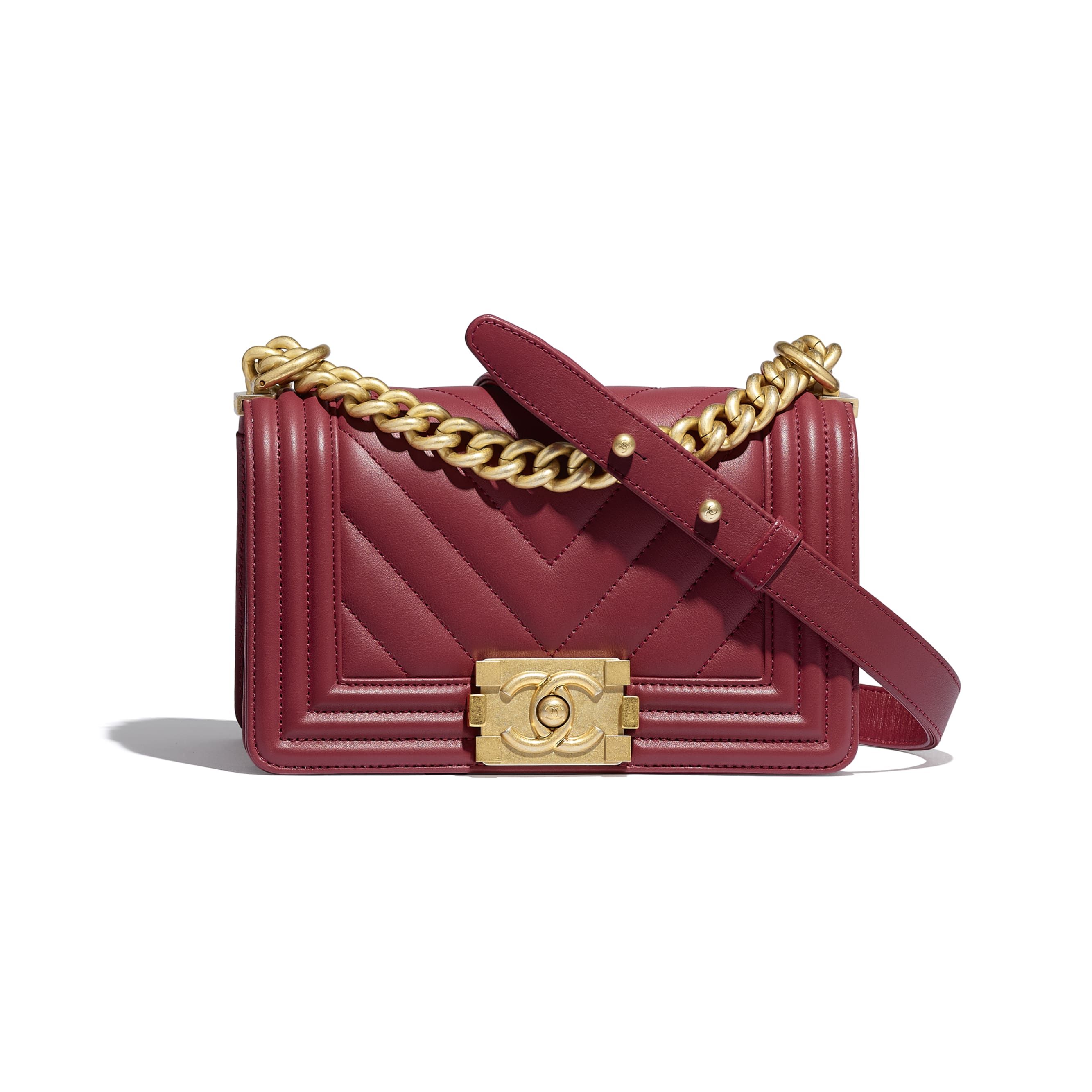 Calfskin & Aged Gold-Tone Metal Burgundy Small BOY CHANEL Handbag | CHANEL | Chanel, Inc. (US)