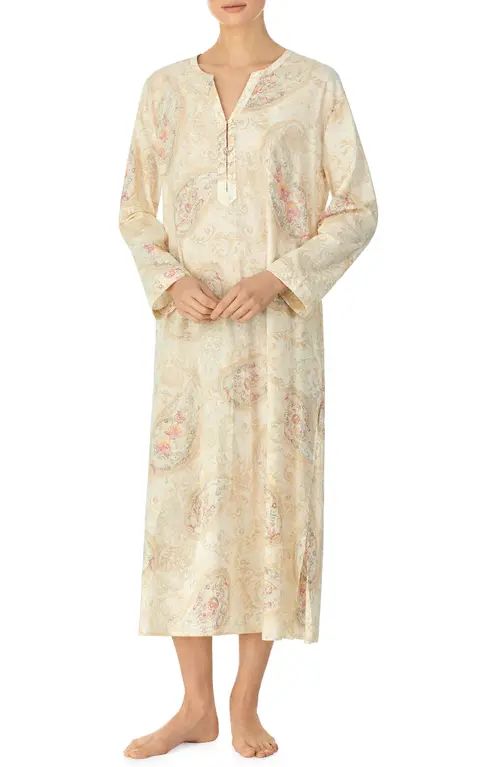 Lauren Ralph Lauren Print Long Sleeve Caftan in Gold/Pas at Nordstrom, Size Large | Nordstrom