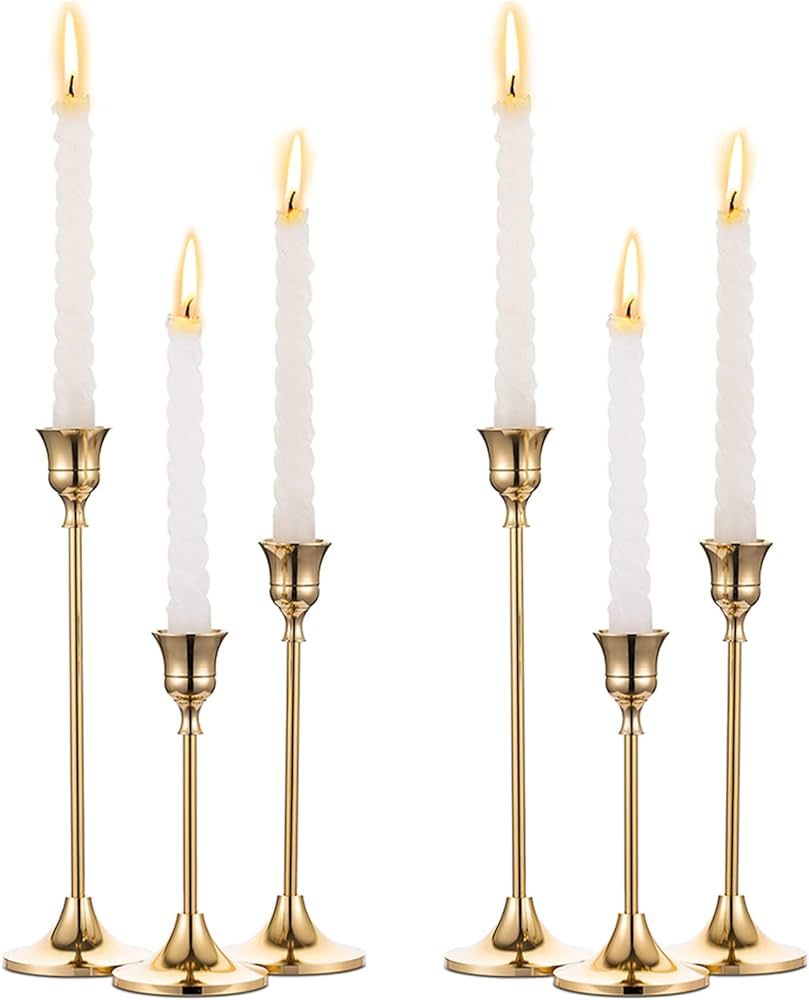 2 Sets(6 Pcs) Brass Gold Metal Taper Candle Holders Candlestick Holders, Vintage Modern Decorativ... | Amazon (US)