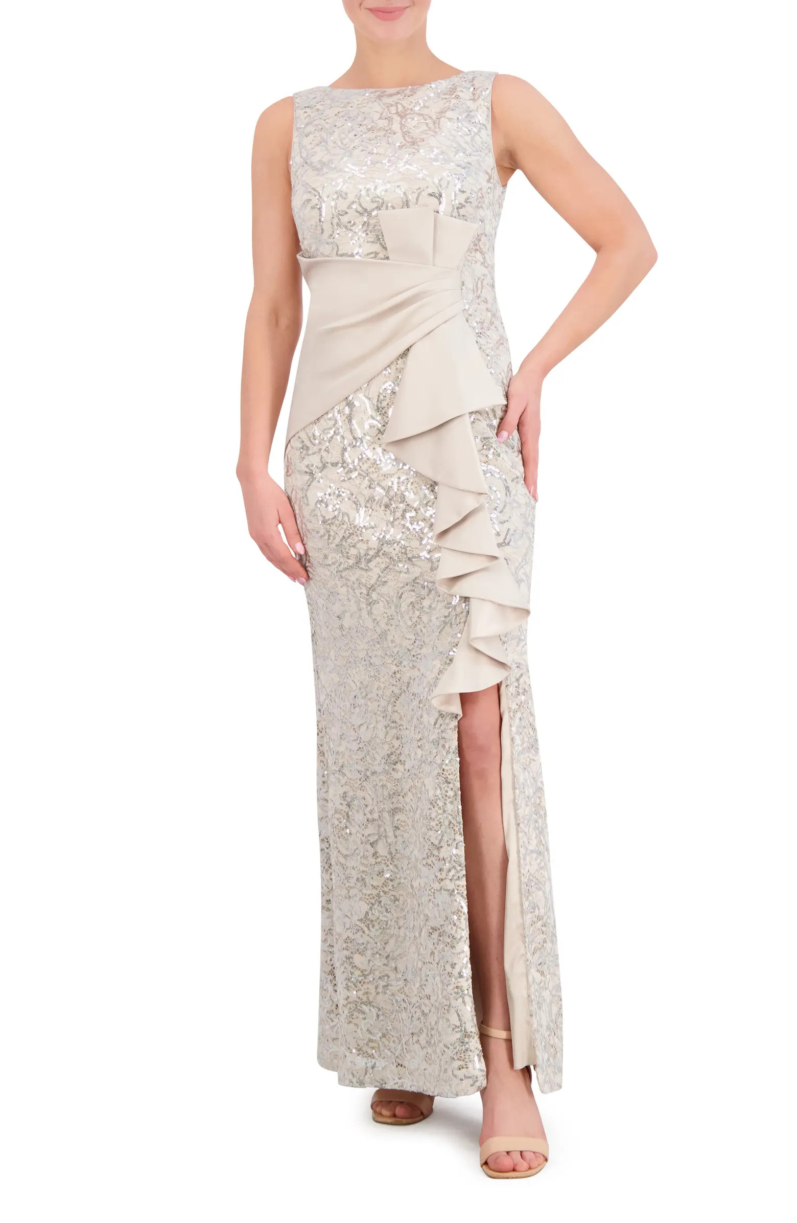 Sequin Ruffle Sleeveless Lace Trumpet Gown | Nordstrom