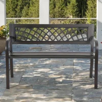 [Iron Steel Patio Bench] Black Iron Steel Frame Patio Bench - Outdoor Benches With Mesh Pattern And Plastic Backrest Armrests - Garden Bench For Lawn | Wayfair North America