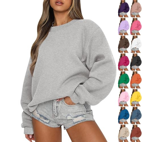 slqdgmryz Oversized Crewneck Sweatshirt Women Fall Cute Sweatshirts Loose Lightweight College Hoodies Y2K Long Sleeve Shirts Crewneck Sweatshirt for Women, Gray, Large | Amazon (US)