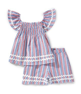Little Girls 2T-6X Striped Seersucker Flutter Sleeve Top & Matching Pull-On Shorts Set | Dillard's