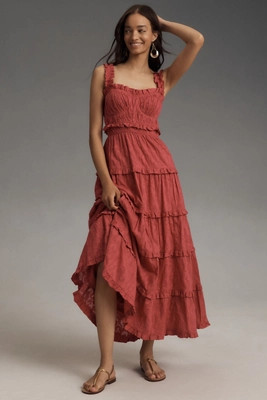 By Anthropologie Sleeveless Square-Neck Ruffle Tiered Midi Dress | Anthropologie (US)