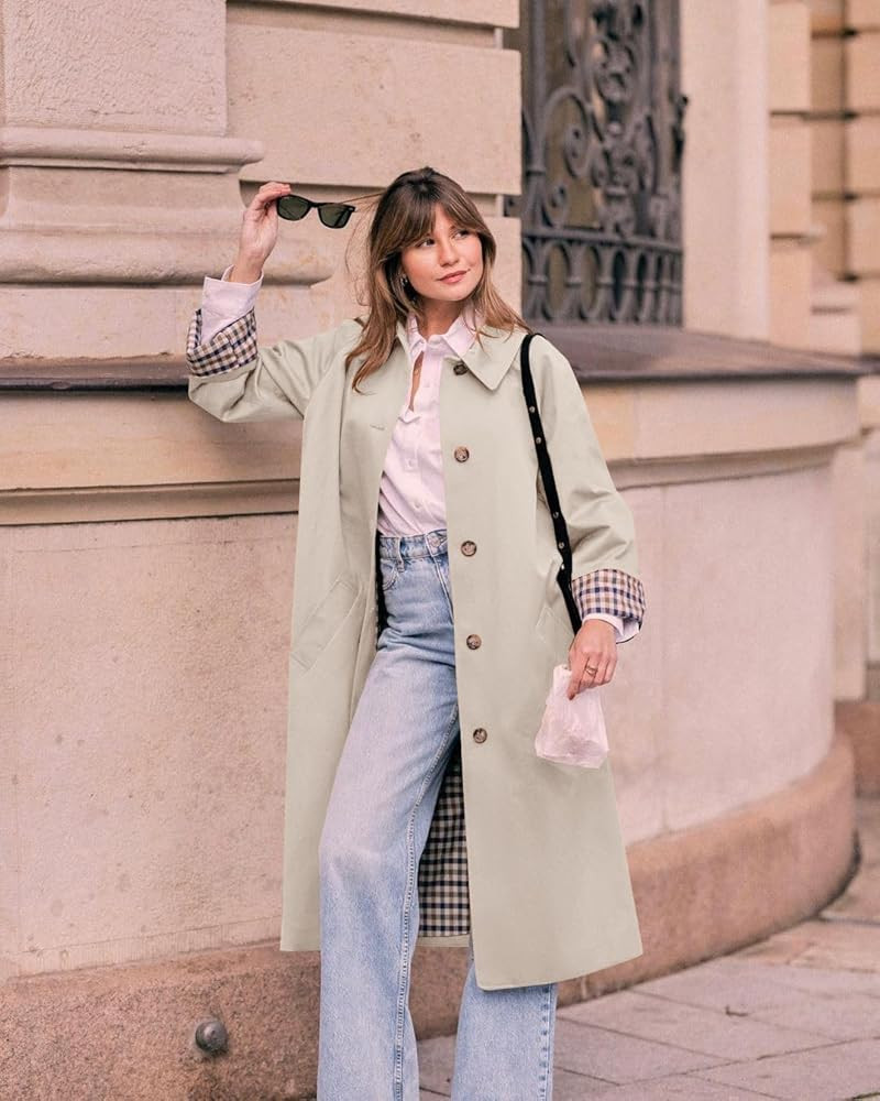 Tankaneo Womens Long Trench Coat Single Breasted Oversized Windproof Overcoat Fashion Outerwear | Amazon (US)