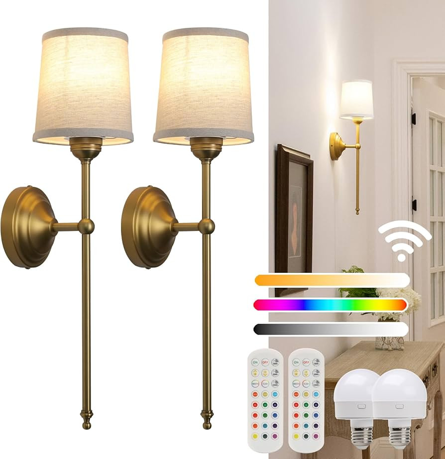Battery Operated Sconces Wall Lighting Fixture Set of 2 with Linen Fabric Shade, RGB Color Changi... | Amazon (US)