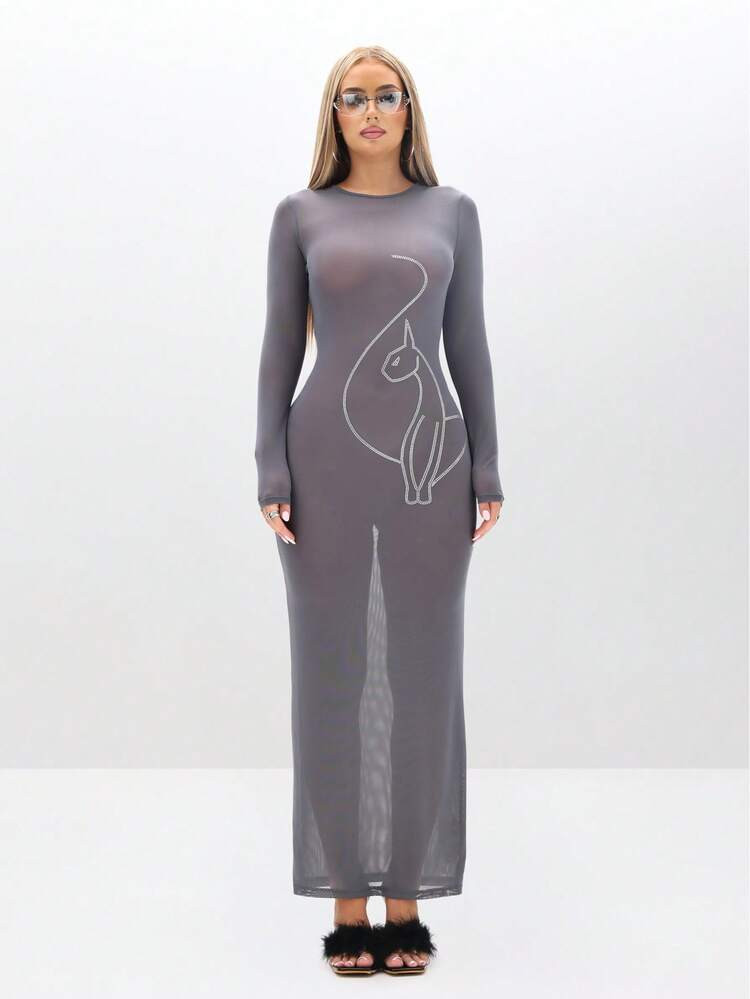 BABYPHAT Sheer Mesh Maxi Dress With Rhinestone Cat Outline Design Long Sleeve Bodycon Evening Gow... | SHEIN