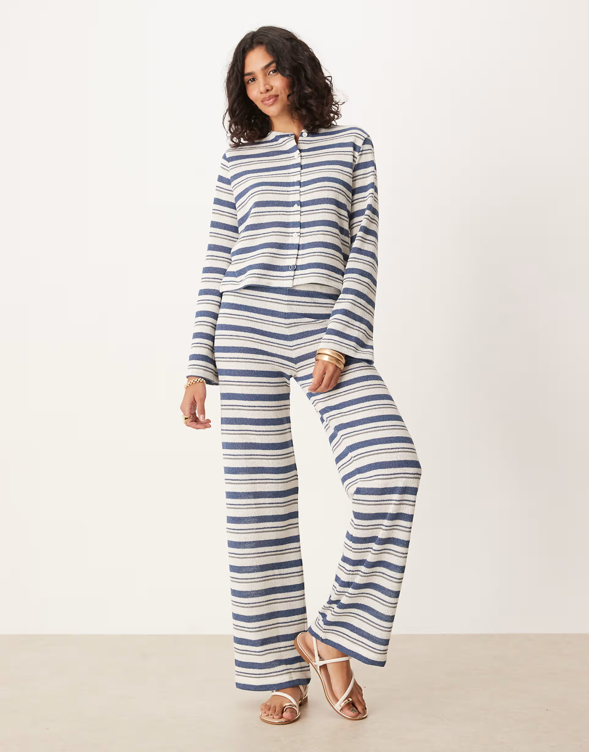 ASOS DESIGN cut and sew stripe co ord trousers in ivory and blue | ASOS (Global)