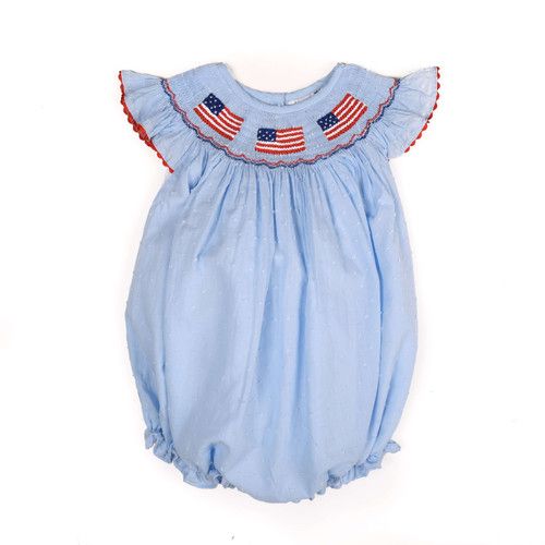 Blue Swiss Dot Smocked Flag Girls Bubble | Cecil and Lou