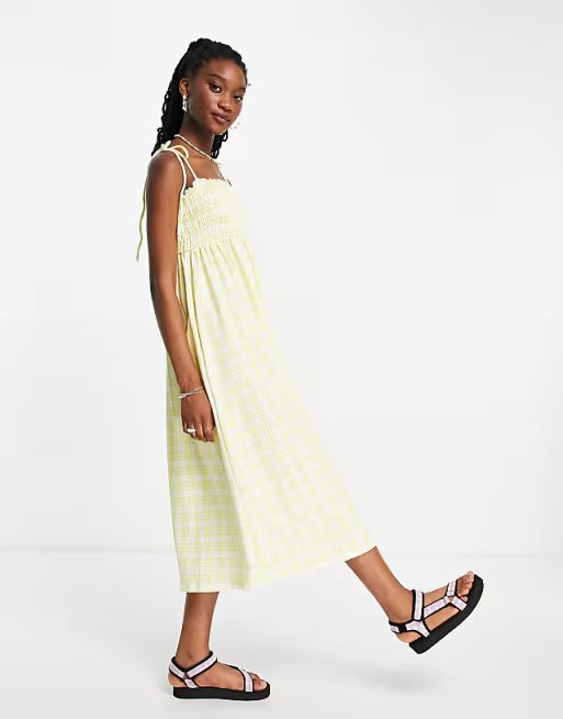 ASOS DESIGN shirred top strappy midi dress in yellow gingham print | ASOS (Global)