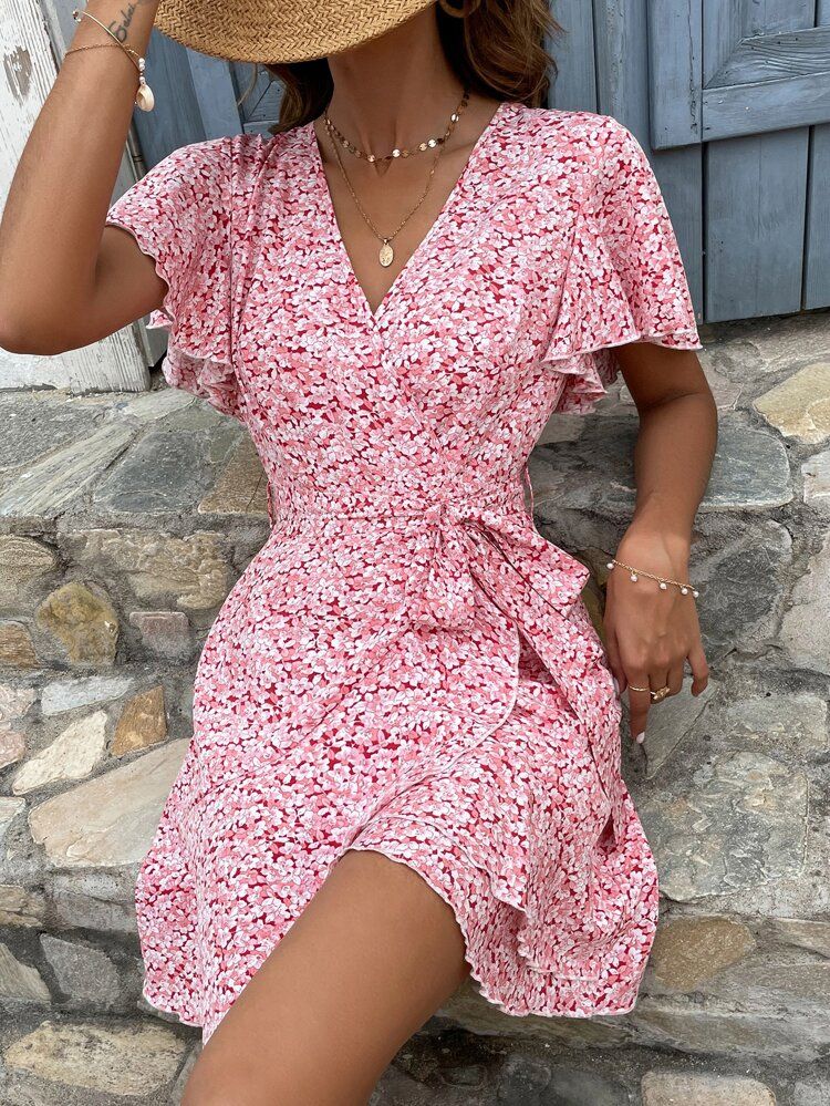 Allover Floral Print Butterfly Sleeve Wrap Hem Belted Dress | SHEIN