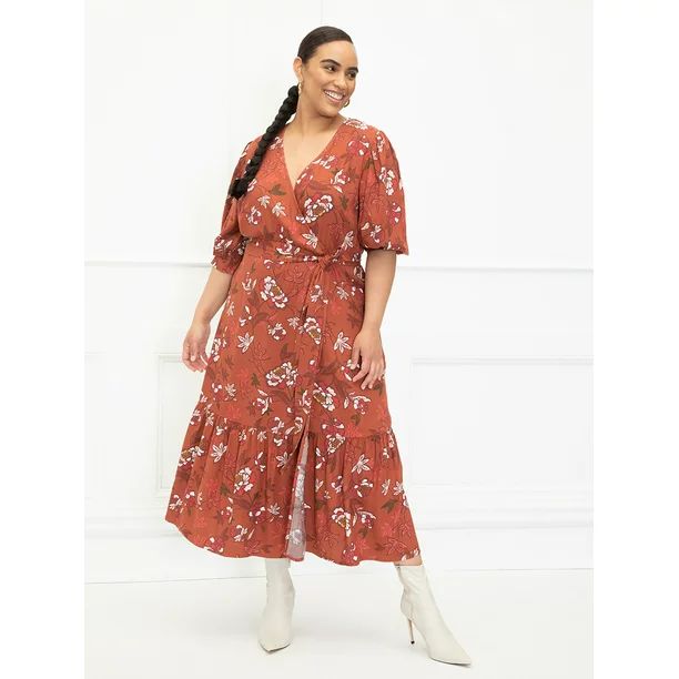 ELOQUII Elements Women's Plus Size Folk Print Midi Wrap Dress with Puff Sleeves | Walmart (US)