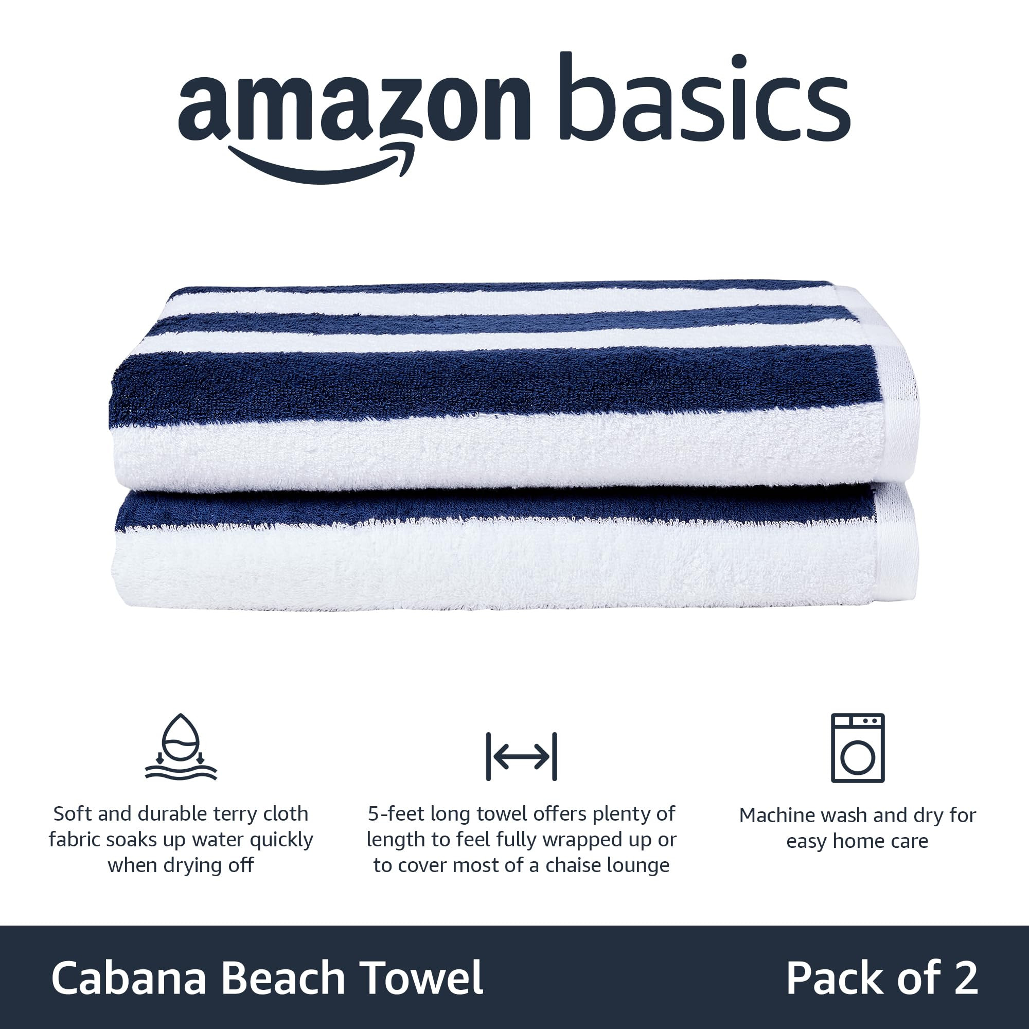 Amazon Basics 100% Cotton Soft & Absorbent Beach Towels, Cabana Stripe, Fast Drying, Machine Wash... | Amazon (US)