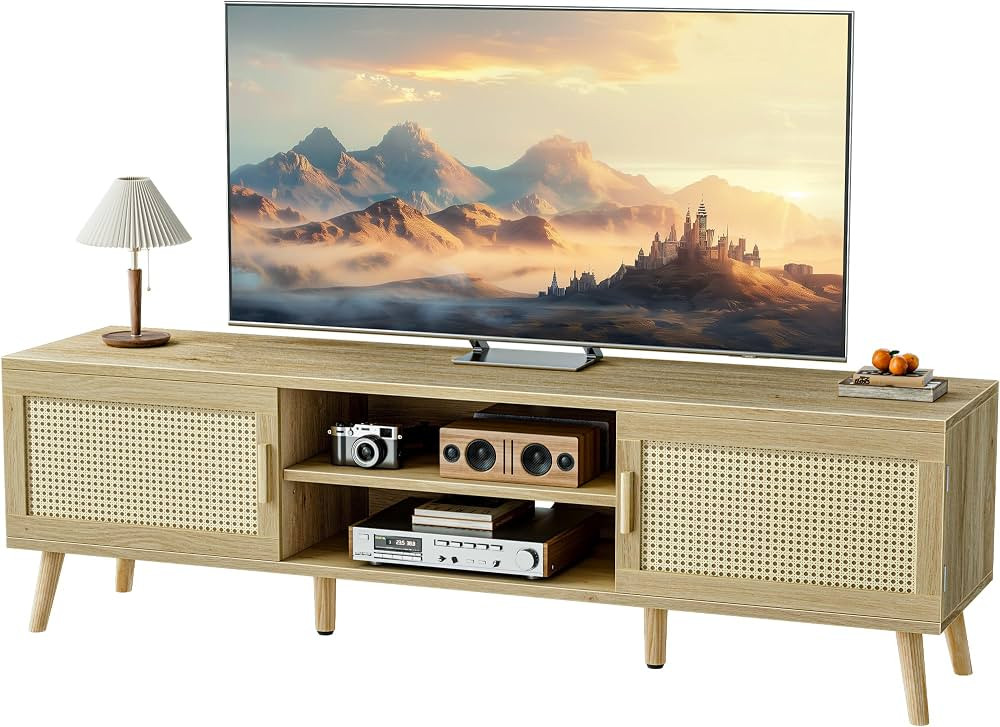 SUPERJARE Boho TV Stand for 75 Inch TV, Entertainment Center with Adjustable Shelf, Rattan TV Con... | Amazon (US)