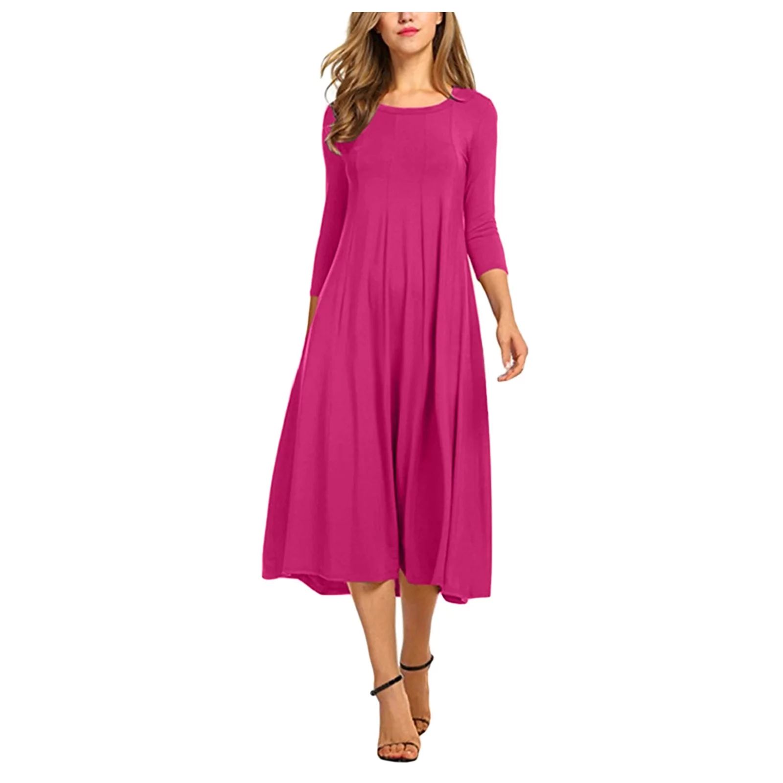 Fall Dresses for Women Wedding Guest Long Sleeve Casual Solid Dress Round Neck Mid-Calf Sw... | Walmart (US)