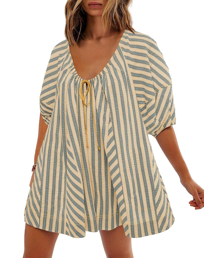 SENSERISE Womens Oversized Striped Romper Dress Shorts Jumpsuit Beach Vacation Clothes with Pocke... | Amazon (US)