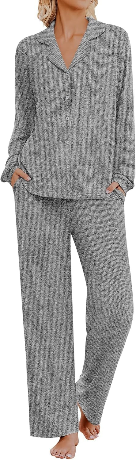 Ekouaer Womens Pajama Sets Long Sleeve Button Down Soft Lounge Sets Ribbed | Amazon (US)