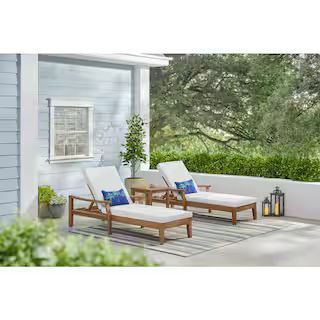 Woodford Eucalyptus Wood Outdoor Chaise Lounge Chair with Bright White Cushions | The Home Depot