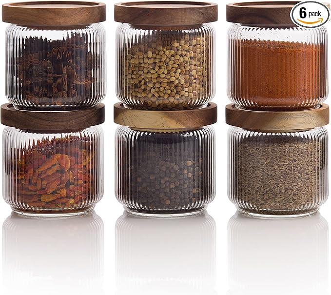 Mason & Fable 12 fl oz, 350ml Glass Food Storage Jars with Wood Lids (6pcs) - Stylish Ribbed Patt... | Amazon (US)