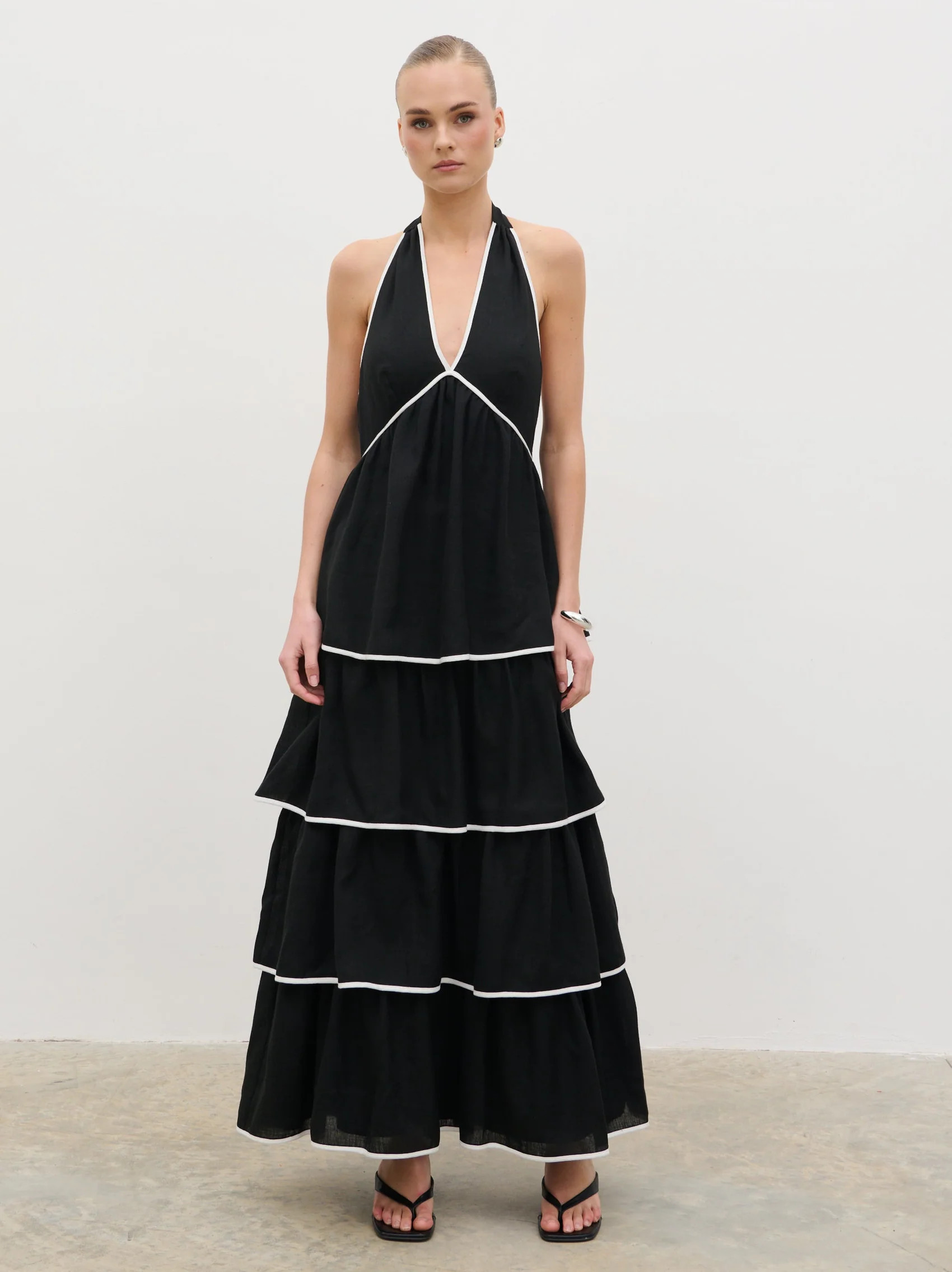 Miri Halterneck Contrast Tiered Midaxi Dress - Black and Cream | Pretty Lavish (UK)