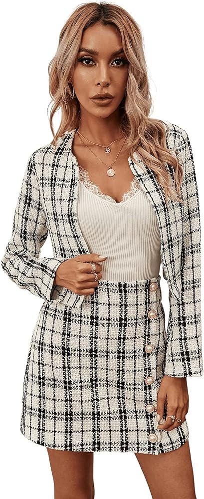 SweatyRocks Women's Business Suit 2 Pieces Tweed Blazer Jacket Coat and Skirt Set | Amazon (US)