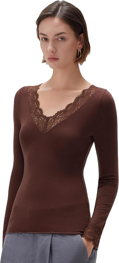 SUUKSESS Cloud Cashmere Women Basic Tops V Neck Boat Neck Lace Long Sleeve Shirt | Amazon (US)