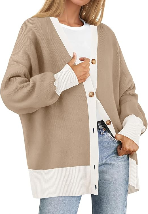 ZESICA Women's 2023 Casual Long Sleeve Cardigan V Neck Button Down Open Front Knit Loose Oversize... | Amazon (US)