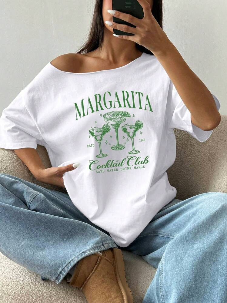 SHEIN MOOSTA Margarita Cocktail Print Asymmetrical Shoulder Loose T-Shirt, Oversized Graphic Tees Women Tops | SHEIN