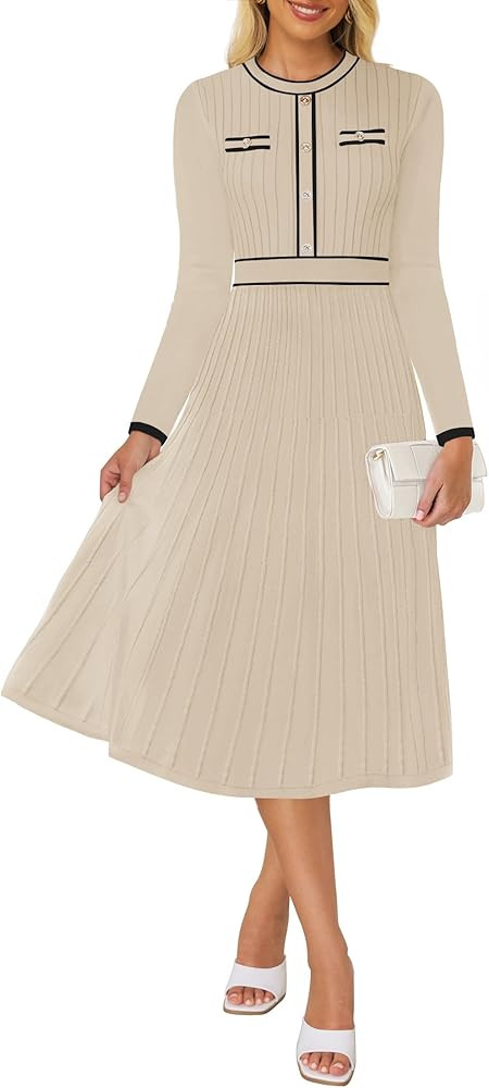 ZESICA Women's 2024 Fall Pleated Sweater Dress Long Sleeve Crewneck Ribbed Knitted Midi Dresses | Amazon (US)