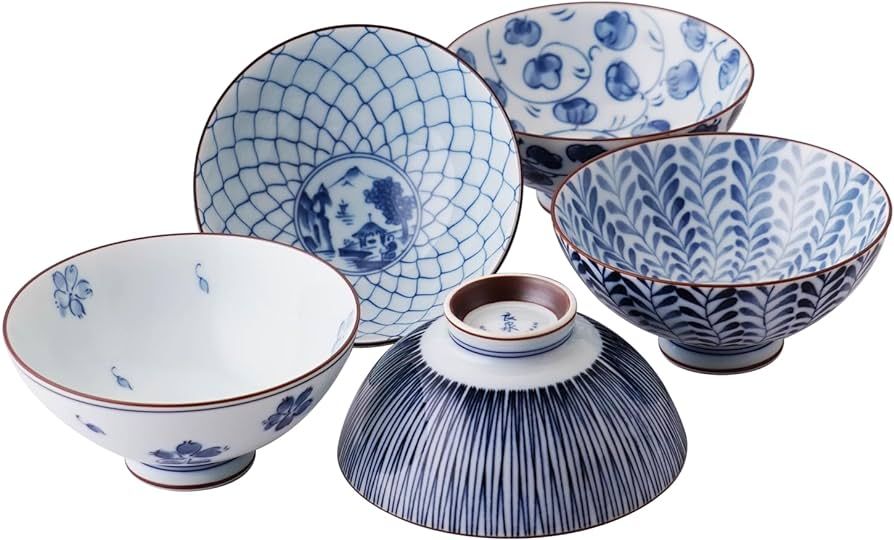 Mino Ware Japanese Pottery Set - Traditional Japanese Rice Bowls - Blue and White Asian Bowls - H... | Amazon (US)